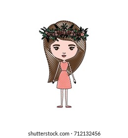 color crayon silhouette caricature skinny woman in dress with long hairstyle and flower crown accesory