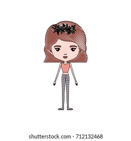 color crayon silhouette caricature skinny woman in clothes with wavy short hairstyle and flower crown accesory vector illustration