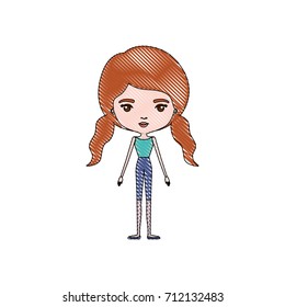 color crayon silhouette caricature skinny woman in clothes with double pigtails hairstyle vector illustration