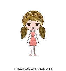 color crayon silhouette caricature skinny woman in dress with double pigtails hairstyle and braid vector illustration