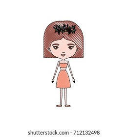 color crayon silhouette caricature skinny woman in clothes with short hairstyle and flower crown accesory vector illustration