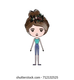 color crayon silhouette caricature skinny woman in clothes with bun collected hairstyle and flower crown accesory vector illustration