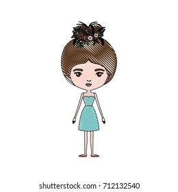 color crayon silhouette caricature skinny woman in dress with bun collected hairstyle and flower crown accesory vector illustration