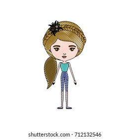 color crayon silhouette caricature skinny woman in clothes with side ponytail hairstyle and flower crown accesory vector illustration