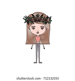 color crayon silhouette caricature skinny woman in clothes with straight medium hairstyle and flower crown accesory vector illustration