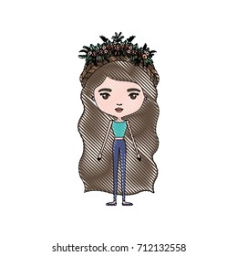 color crayon silhouette caricature skinny woman in clothes with wavy long hairstyle and flower crown accesory vector illustration