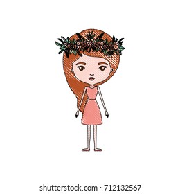 color crayon silhouette caricature skinny woman in dress with wavy side long hairstyle and flower crown accesory vector illustration