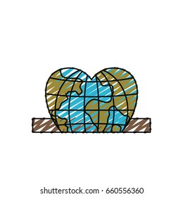 color crayon silhouette closeup flat globe earth world in heart shape depositing in rectangular slot vector illustration
