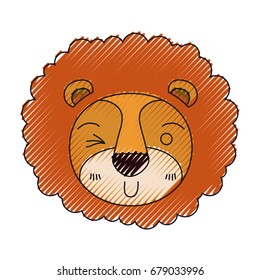color crayon silhouette cute face of lion wink eye expression with mane vector illustration