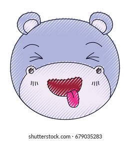 color crayon silhouette cute face of hippo sticking out tongue expression vector illustration