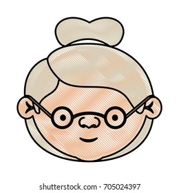 color crayon silhouette of face elderly woman with glasses and collected hairstyle vector illustration