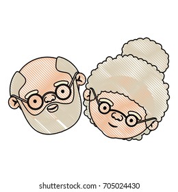color crayon silhouette of face of elderly couple grandfather with beard and grandmother with glasses and curly bun hairstyle vector illustration