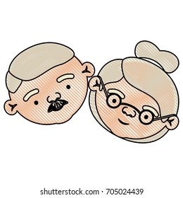 color crayon silhouette of face of elderly couple grandfather with moustache and grandmother with glasses and bun hairstyle vector illustration