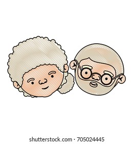 color crayon silhouette of face of elderly couple grandmother with curly collected side hairstyle and grandfather with beard and glasses vector illustration