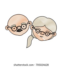color crayon silhouette of face of elderly couple bald grandfather with moustache and grandmother with glasses and side ponytail hairstyle vector illustration