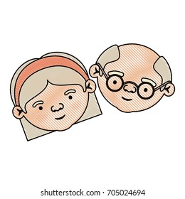 color crayon silhouette of face of elderly couple grandmother with bow lace and short hairstyle and grandfather with glasses vector illustration