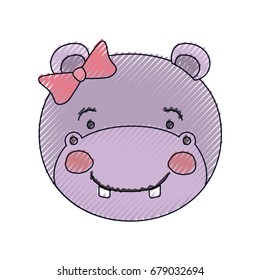 color crayon silhouette face of female hippo animal happiness expression with bow lace vector illustration