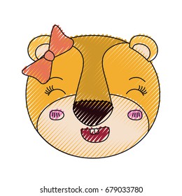 color crayon silhouette face of female lioness animal smiling expression with bow lace vector illustration
