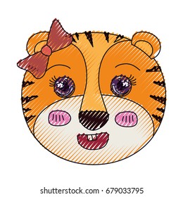 color crayon silhouette face of female tigress animal with bow lace vector illustration