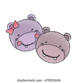 color crayon silhouette faces of hippo couple animal happiness expression vector illustration