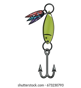 color crayon silhouette of fish hook with decorative feathers vector illustration