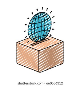 color crayon silhouette flat globe earth world chart depositing in a carton box vector illustration