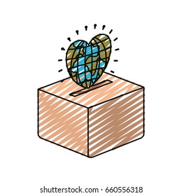 color crayon silhouette flat globe earth world in heart shape depositing in a carton box vector illustration