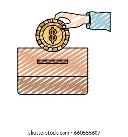 color crayon silhouette front view hand with flat coin with dollar symbol depositing in a carton box vector illustration