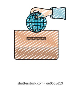 color crayon silhouette front view hand with flat globe earth world chart depositing in a carton box vector illustration