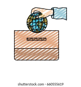 color crayon silhouette front view hand with flat globe earth world depositing in a carton box vector illustration
