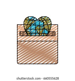 color crayon silhouette front view flat globe earth world in heart shape depositing in a carton box vector illustration
