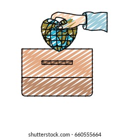 color crayon silhouette front view hand with flat globe earth world in heart shape depositing in a carton box vector illustration