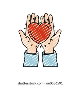color crayon silhouette front view of hands holding in palms a heart charity symbol vector illustration