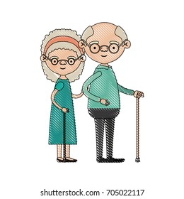 color crayon silhouette of full body couple elderly of grandmother with curly hair in dress and bald grandfather with glasses in walking stick vector illustration