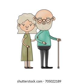 color crayon silhouette of full body couple elderly in walking stick of grandmother with wavy hair in dress and bald bearded grandfather with glasses vector illustration