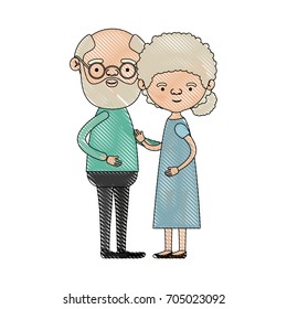 color crayon silhouette of full body couple elderly of bald grandfather with glassses and beard with grandmother with curly bun hair in dress vector illustration