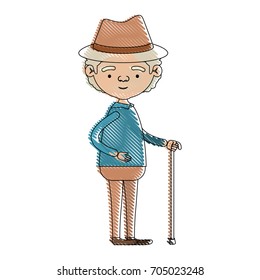 color crayon silhouette of full body grandfather in walking stick with curly hair vector illustration