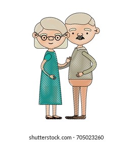 color crayon silhouette of full body couple elderly of grandmother with straight short hair in dress and grandfather with moustache vector illustration
