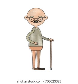 color crayon silhouette of full body elderly man in walking stick with moustache and glasses vector illustration