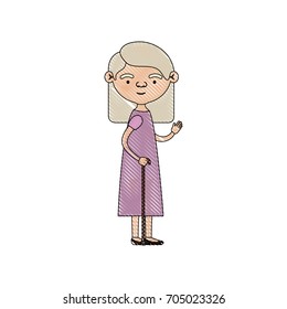 color crayon silhouette of full body elderly woman in walking stick with dress and straight medium hairstyle vector illustration