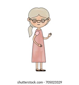 color crayon silhouette of full body elderly woman in dress with side ponytail hairstyle and glasses vector illustration