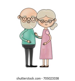 color crayon silhouette of full body couple elderly of bald grandfather with beard and glasses with grandmother with bun side hair in dress vector illustration