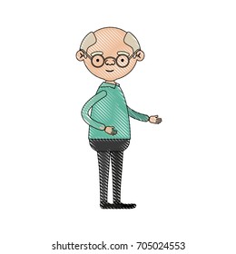color crayon silhouette of full body elderly man in clothes with glasses vector illustration