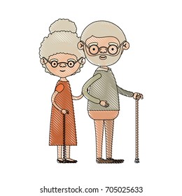 color crayon silhouette of full body elderly couple in walking stick with glasses grandmother curly bun hairstyle in dress and grandfather with beard vector illustration