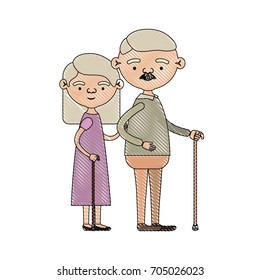 color crayon silhouette of full body elderly couple in walking stick grandmother straight hairstyle in dress and grandfather with moustache vector illustration
