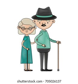 color crayon silhouette of full body elderly couple in walking stick grandmother short hairstyle in dress and grandfather with hat and moustache vector illustration