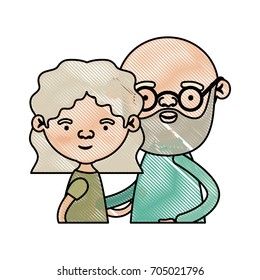 color crayon silhouette of half body couple elderly of grandmother with with wavy hair and bald bearded grandfather with glasses vector illustration