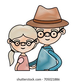 color crayon silhouette of half body couple elderly of grandmother with ponytail side hair with grandfather with hat and glasses vector illustration