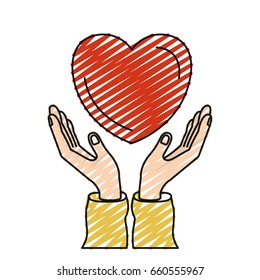 color crayon silhouette hands with floating heart charity symbol vector illustration