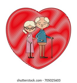 color crayon silhouette of heart shape greeting card with caricature full body elderly couple embraced grandfather in walking stick and grandmother with collected hair and glasses vector illustration